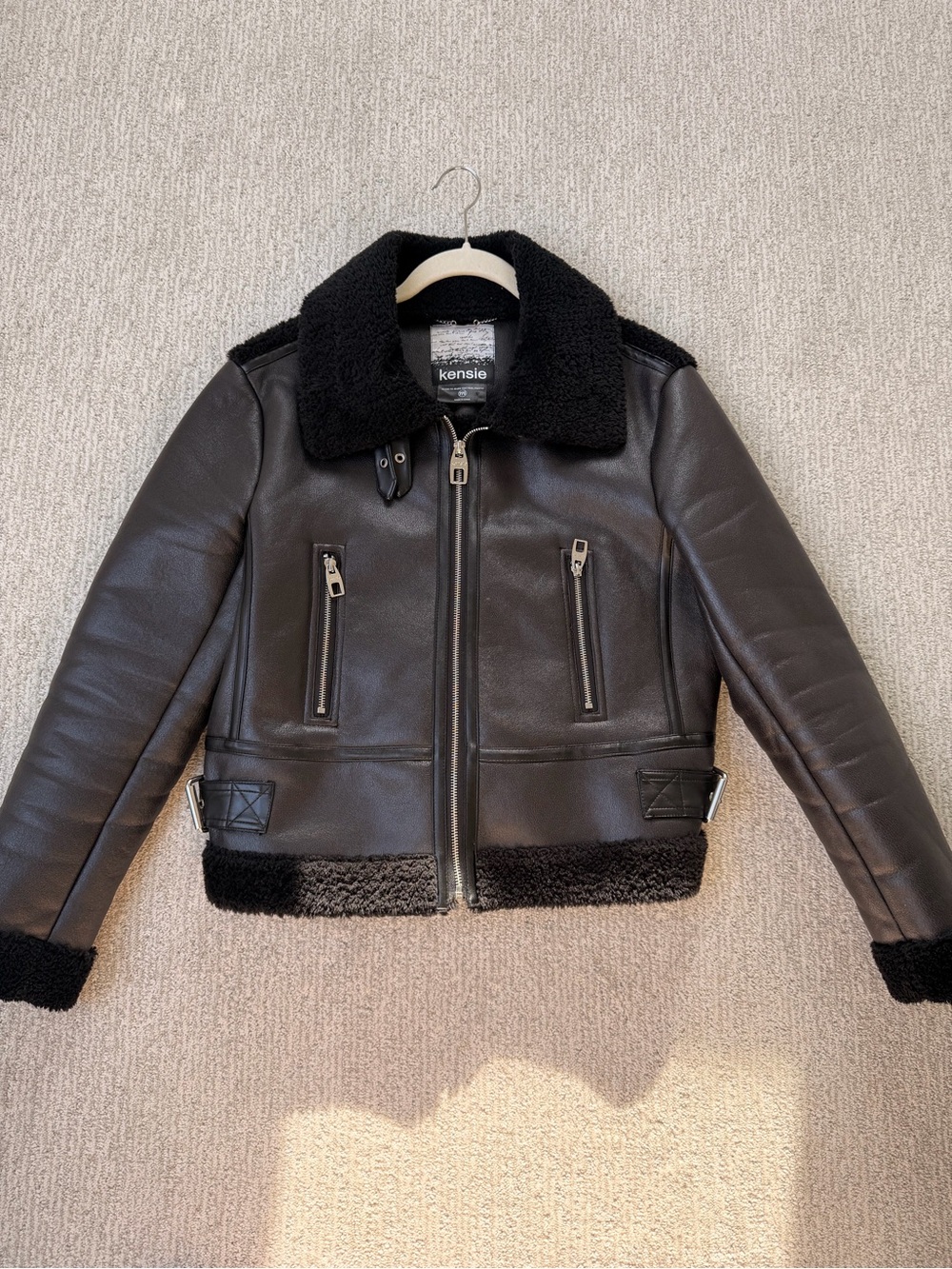 Kensie Black Faux Leather Shearling Moto Jacket